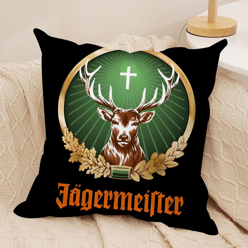 Drink J-Jaegermeister-r Logo Cushion Cover Silky Short Plush Sofa Pillow Cover Hidden Zipper Soft Dustproof Case for Home Decor