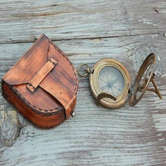 RII Nautical Directional Magnetic Sundial Brass Compass,  Decor Birthday Gifts for Men, Baptism Gifts with Sun dial in Leather Case