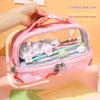 Large Capacity Cartoon Print Sticker Zipper Protection Casual Pencil Case Double Layer Transparent Stationery Bag