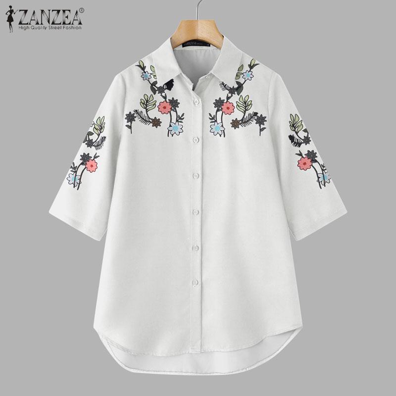 ZANZEA Womens Turn Down Collar Loose Half Sleeve Floral Print Shirts
