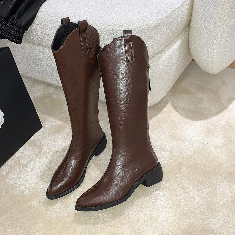2025 autumn new retro pointed thick heel western cowboy boots V-mouth medium heel knight boots large size boots women