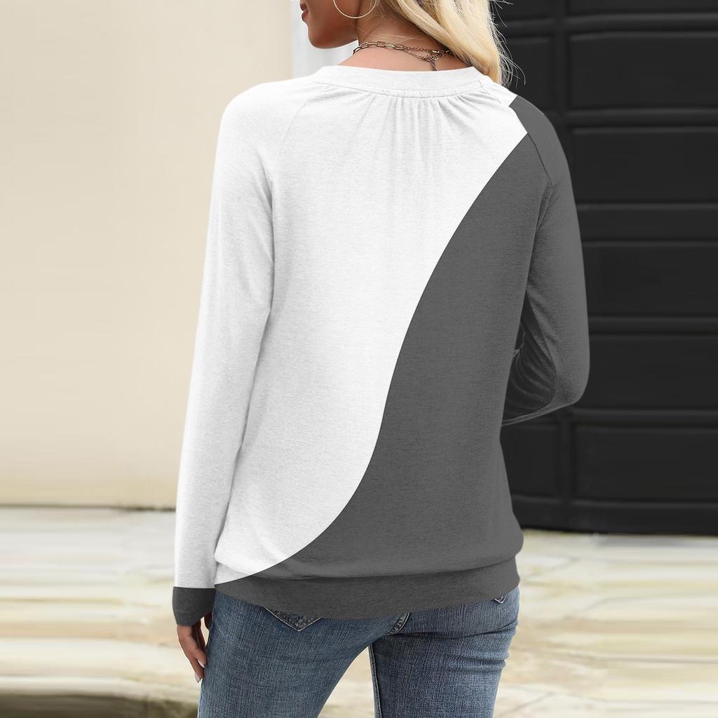 Women's Casual Fashion V-Neck Raglan Pleated Plaid Print Long Sleeve Top