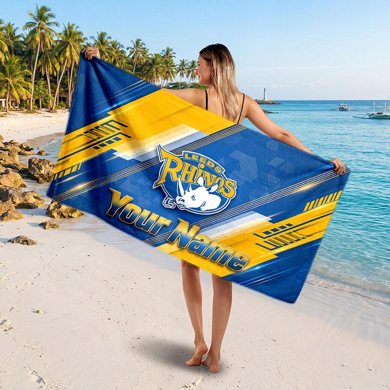 Leeds Rhinos Customized Name Text Beach Towel, Soft Absorbent Towel Beach Pool Travel Personal Gift