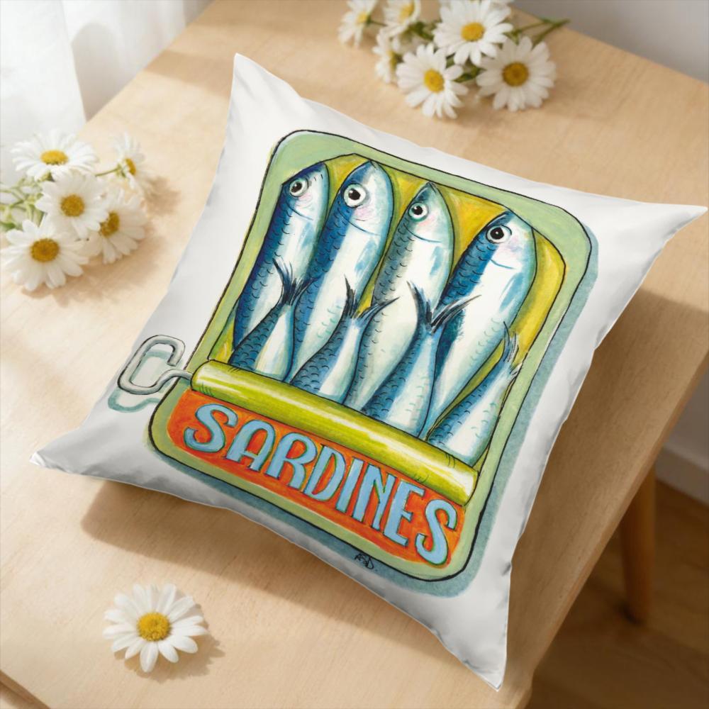 1pc White Retro Sardine Can Print Cushion Cover Soft Breathable Decorative Pillowcase for Sofa Bedroom