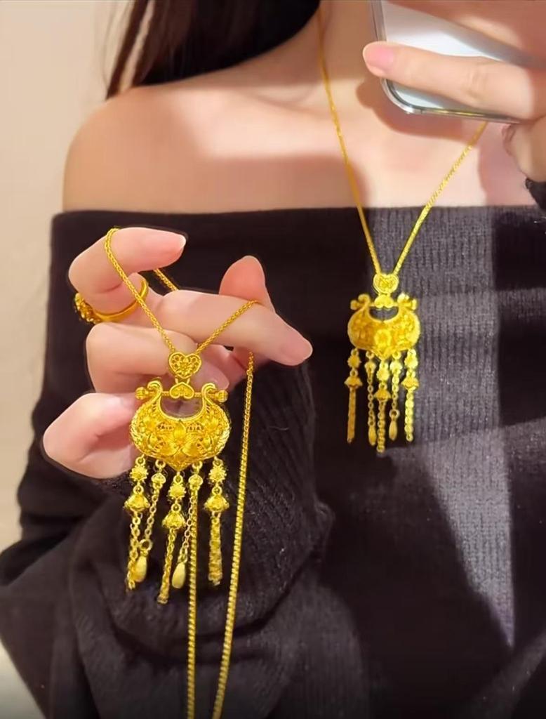 Ancient Style Lily Ruyi Auspicious Lock Pendant Necklace In Openwork Design: Chinese Blooming Wealth Jewelry