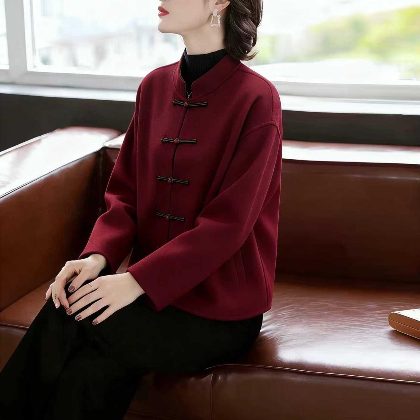 

Noble Mother Stylish Double-Sided Wool Coat for Middle-Aged Women – Elegant Wide-Cut Short Top Outerwear S (suitable for 90-120 jin) вина червоного кольору