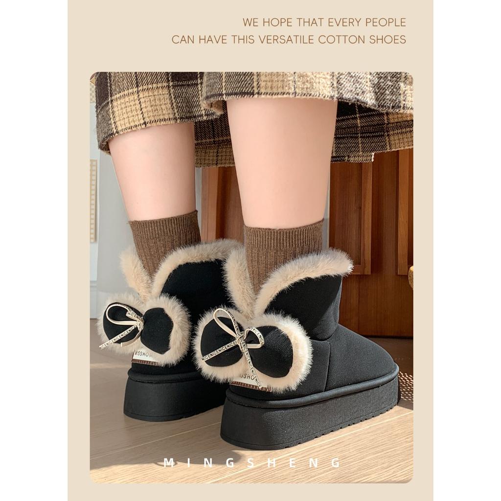 Bavlněné pantofle s mašlí pro ženy, zimní s patou v tašce s plyšovými bavlněnými botami, dívčí styl, teplé a se silnou podrážkou pro venkovní nošení