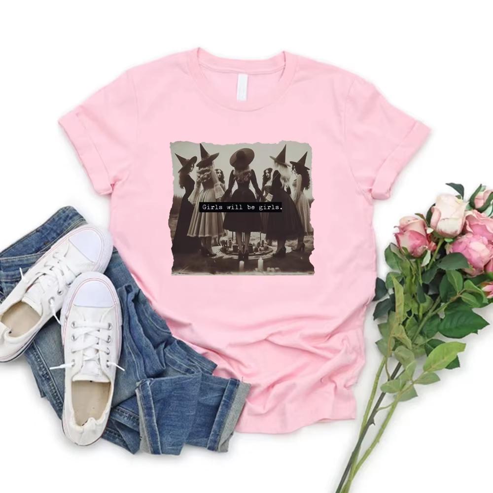 Vintage Girls Will Be Girls Witch T Shirt Funny Witch Tshirt Halloween Women Shirt Short Sleeve Streetwear Tee Witchy Vibes Top