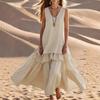 High Quality Bohemian Sleeveless V-neck Cascading Long Dress Women's Vacation Style Loose Pendulum Beige Dress