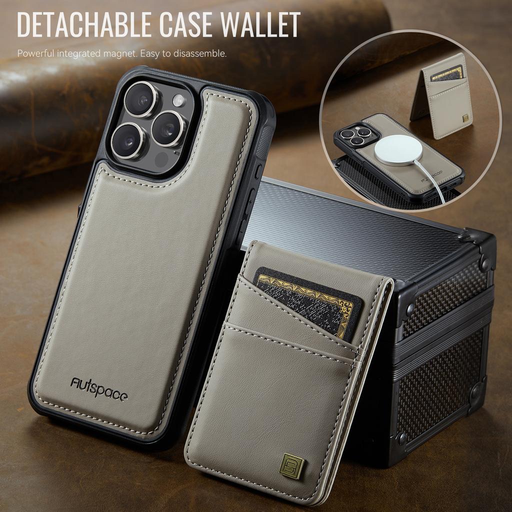 For iPhone 15 Pro Max Case AUTSPACE A12 Leather Phone Case with Detachable Card Bag