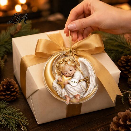 Festive Tree Ornament Christmas Angel Pendant with Lanyard, 2D Flat Acrylic Hanging for Party Decor Decoration, Cute Holiday Car Window Decoration