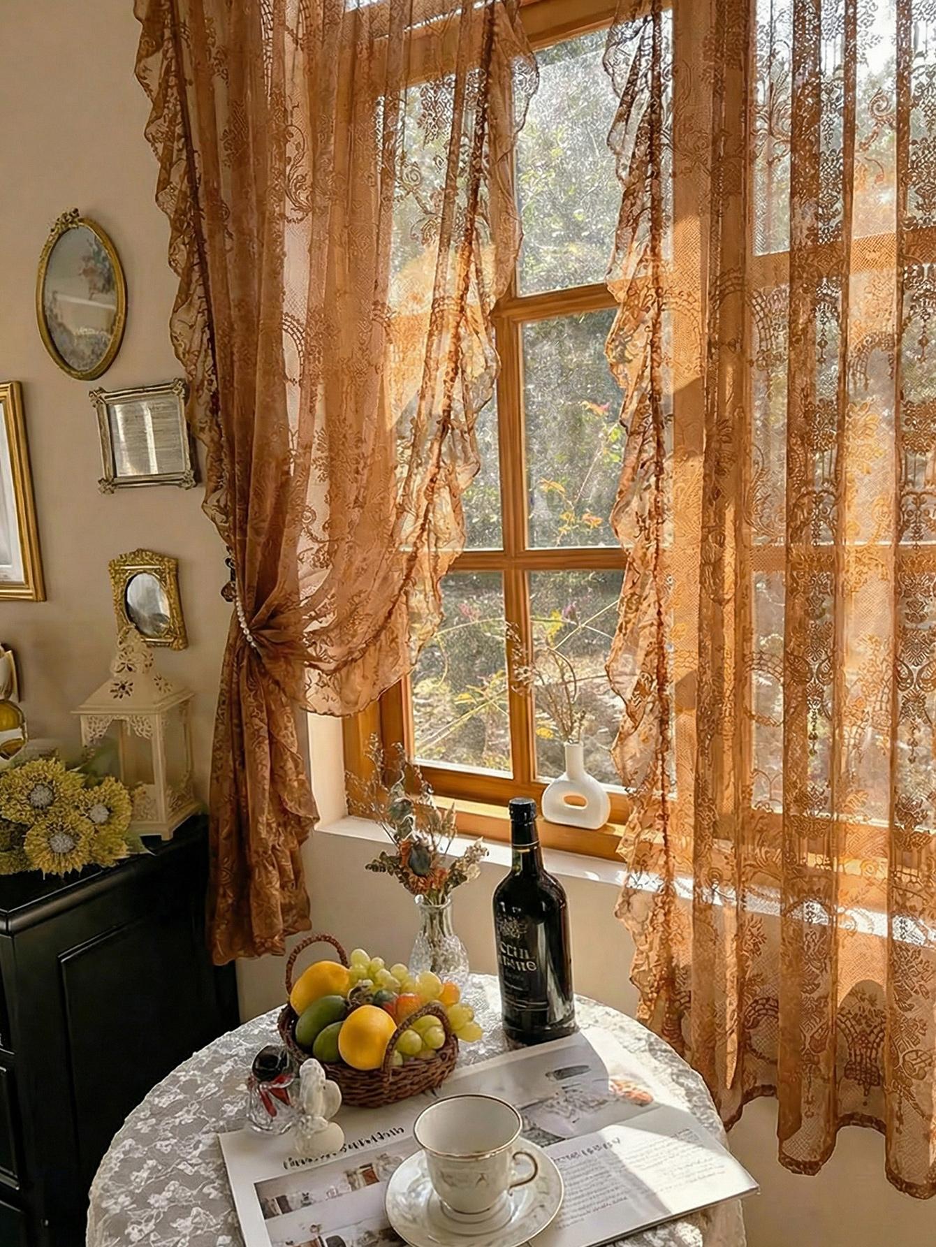 Bruine Franse Romantische Kant Gordijn Huis Decoratief Gordijn Mooie Versiering 140x160cm 1PC&Rod pocket bruin