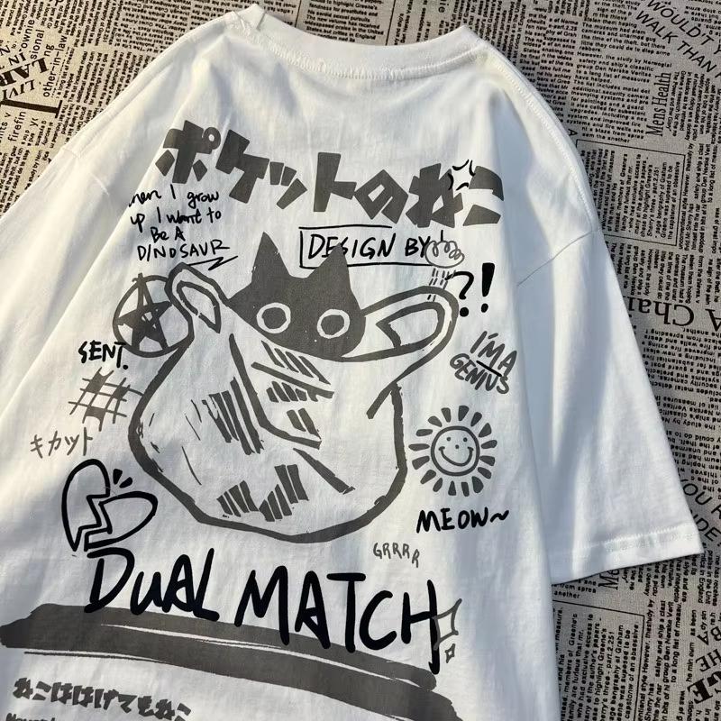 Summer Japanese Retro Pocket Cat Cartoon Printed Short Sleeve Tshirt Male Female Couples Unisex College Style Oversized Top