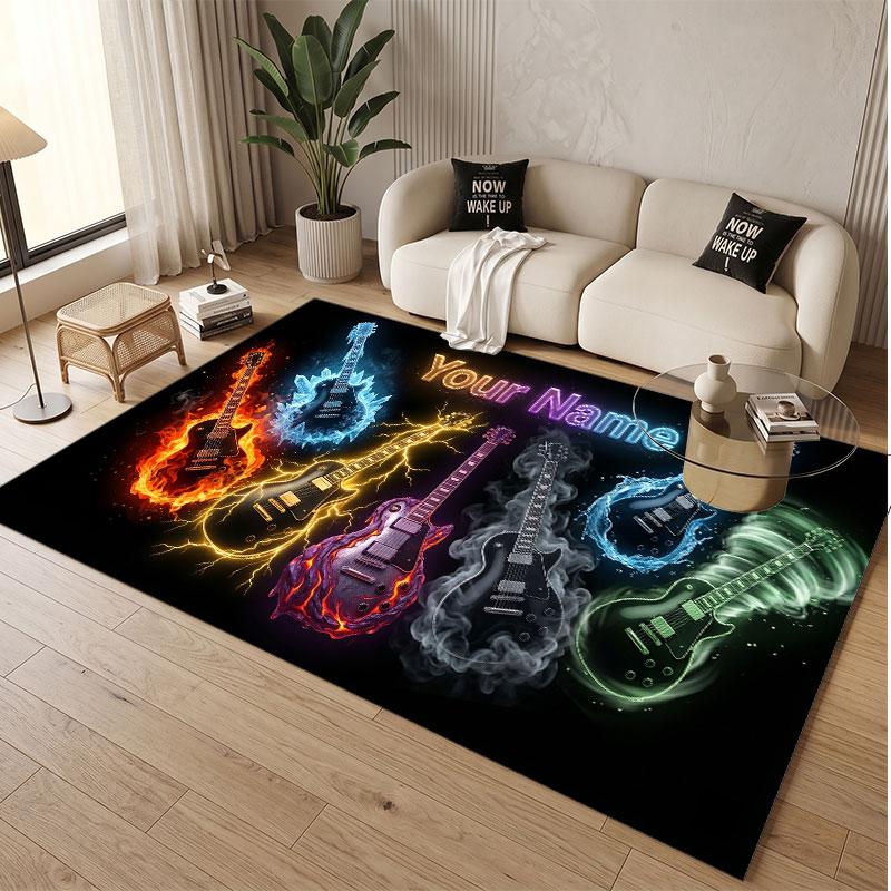 Music Guitar Theme Soft Crystal Velvet Rug Custom Name & Text Print Non Slip Floor Rug for Bedroom Living Room