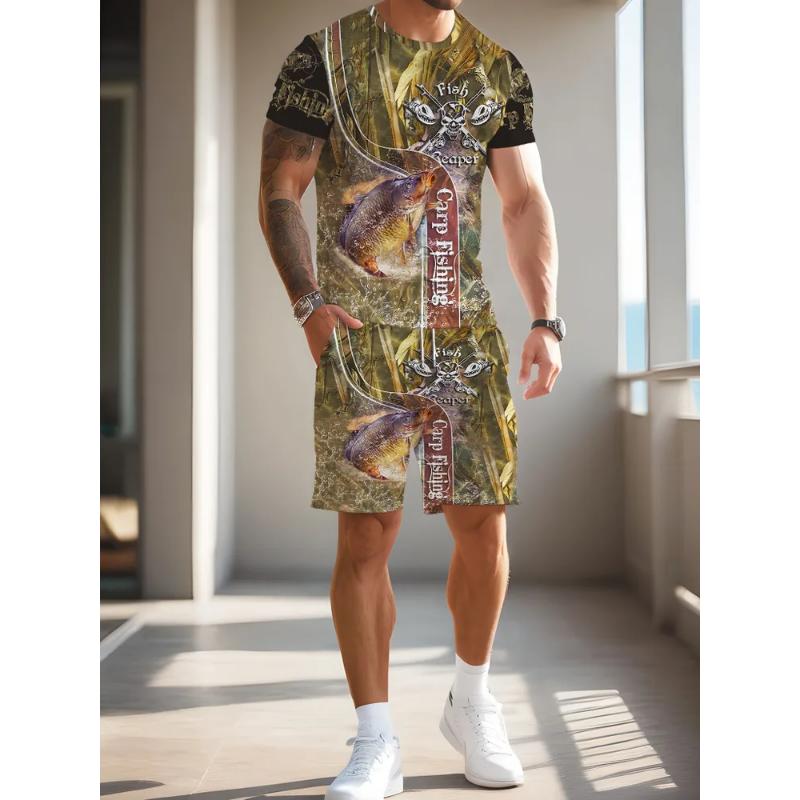 Fashion Men's Casual Suit 3D Casual Color Printing Summer T-shirt Shorts Simple