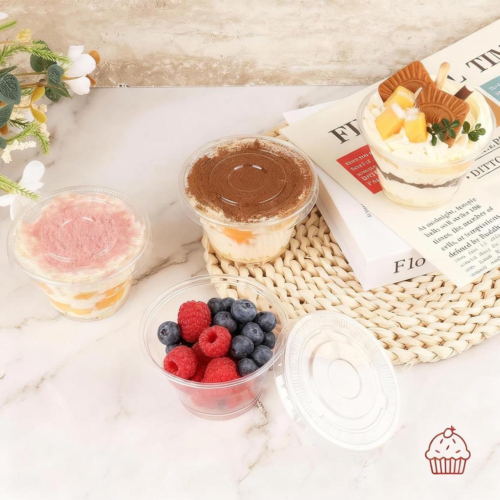 100 Sets 7 oz Clear Plastic Cups with Lids No Hole, Fruit Cups with Lids, Disposable Cup for Dessert, Parfait, Ice Cream, Yogurt, Pudding, Cake, Cold