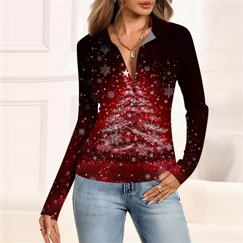 Damenmode Lässig Bedrucktes V-Ausschnitt Langarm Knopfleiste Oberteil