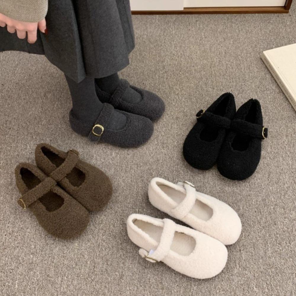 Fashion Round Toe Wool Ballet Flats Woman Concise Warm Plush Loafers Ladies Brand Design Fluffy Mary Jane Shoes in Red Grey