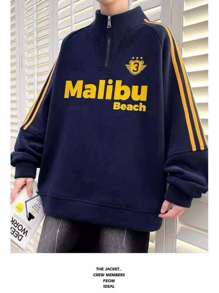 College Style Men's Half-High Collar Hoodie with Velvet Lining - Warm Autumn/Winter Base Layer Pullover