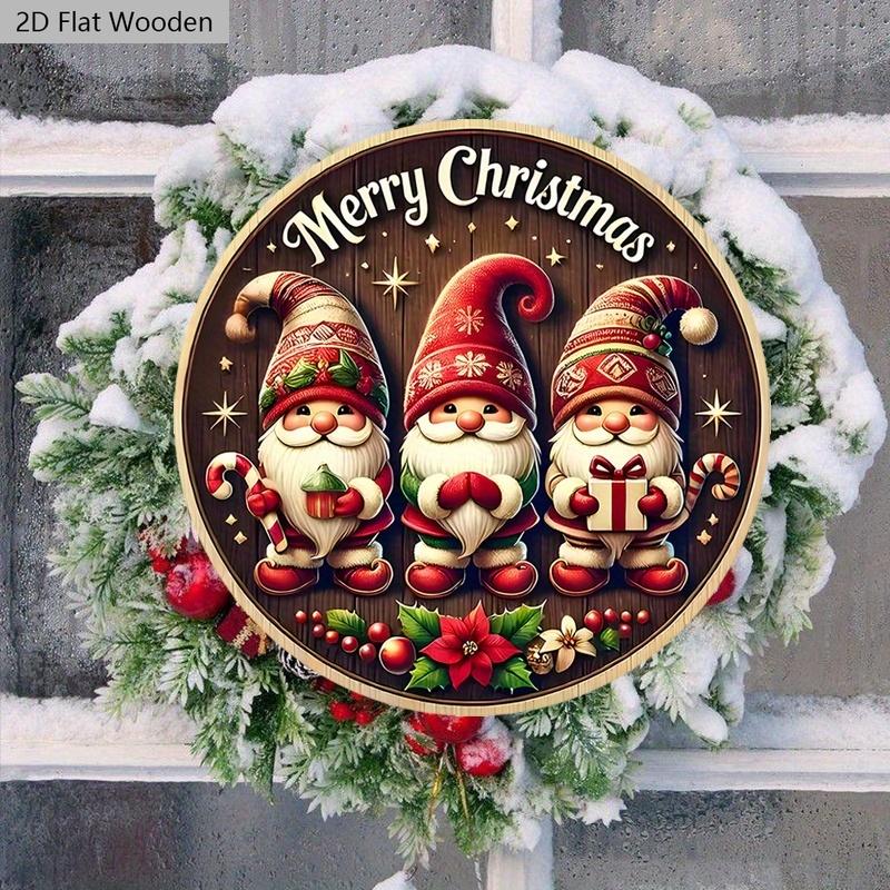 Christmas Wooden Sign with Gnomes Pattern - Merry Christmas Round Sign for Yard Door Wall Hanging Decor - Ideal Christmas Decoration