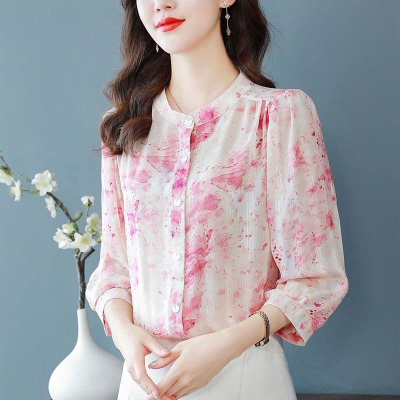 YYFS Women's Fashion Casual Spring Autumn Colour Block Print 3/4 Sleeves O-Neck Blouses & Shirts