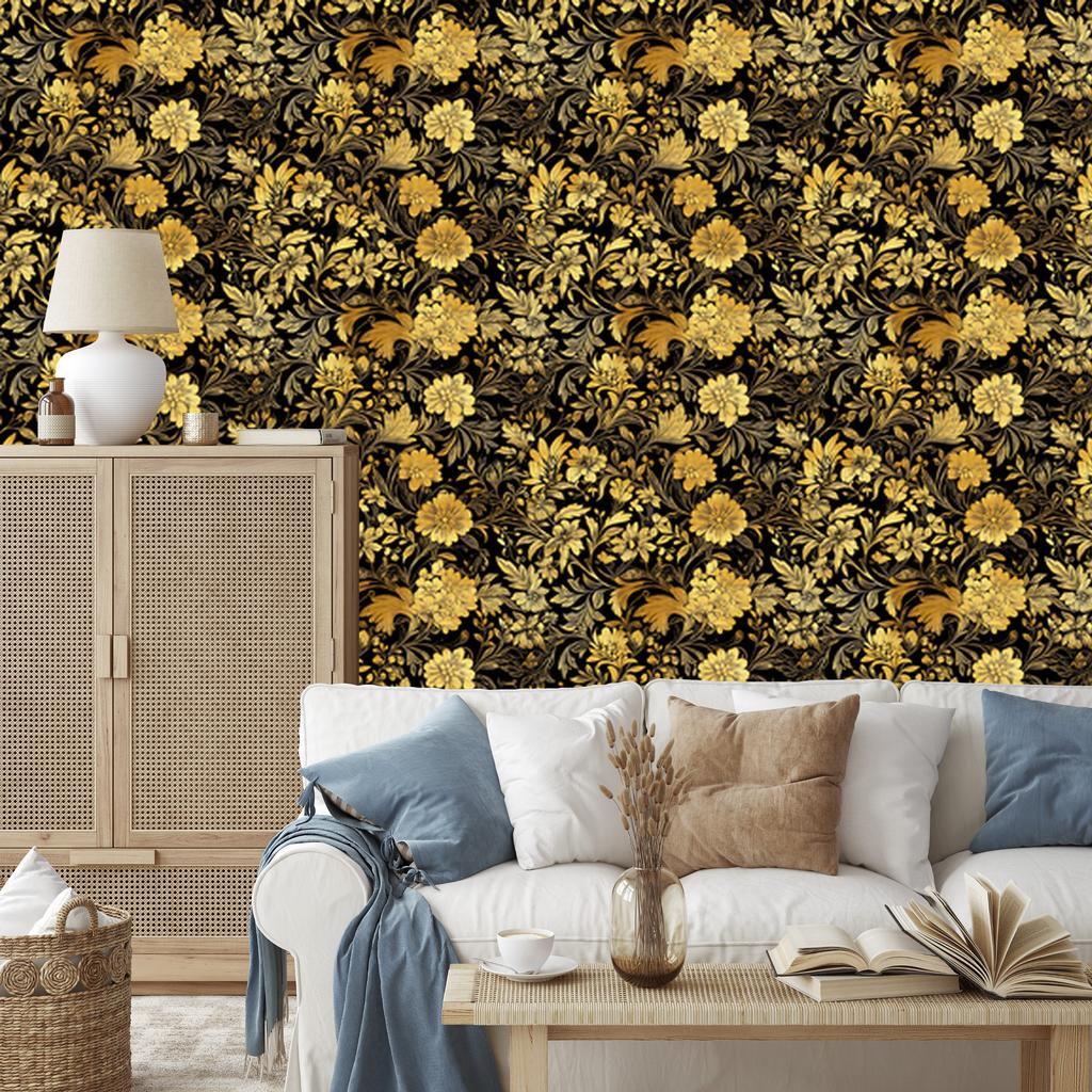 Golden Hibiscus Wallpaper Ochre, Gold and Yellow for Living Room and Bedroom 50x1000
