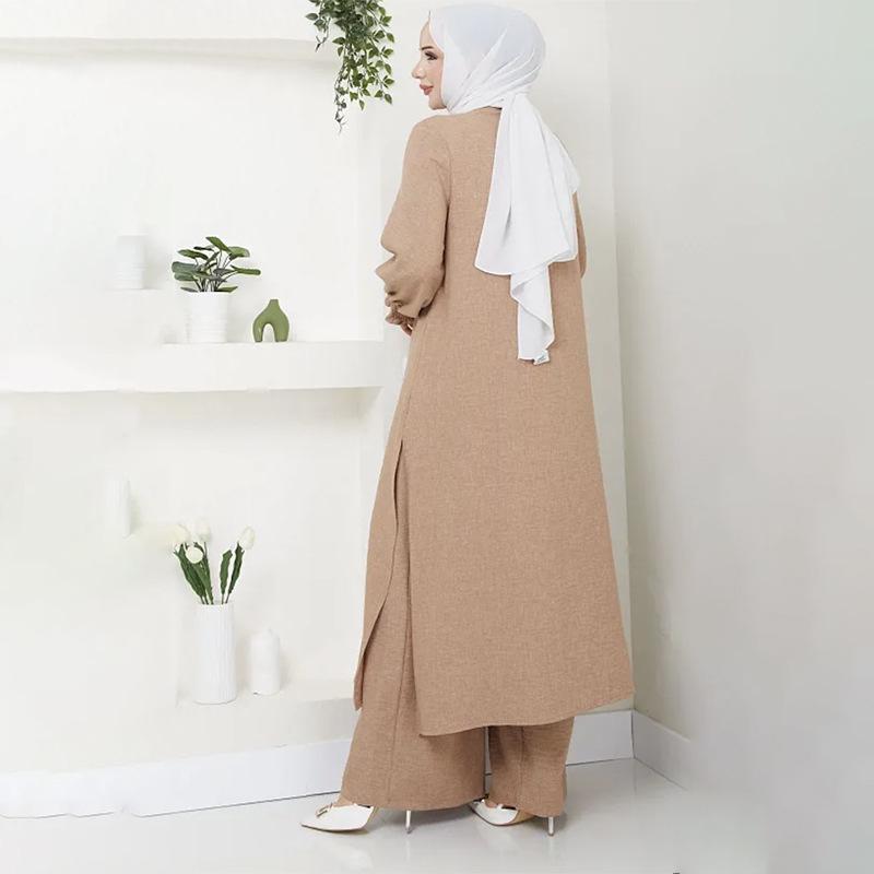 Elegant Women's Two-Piece Set: Long Sleeve Shirt & Wide-Leg Pants with Side Slit - Arabic Style