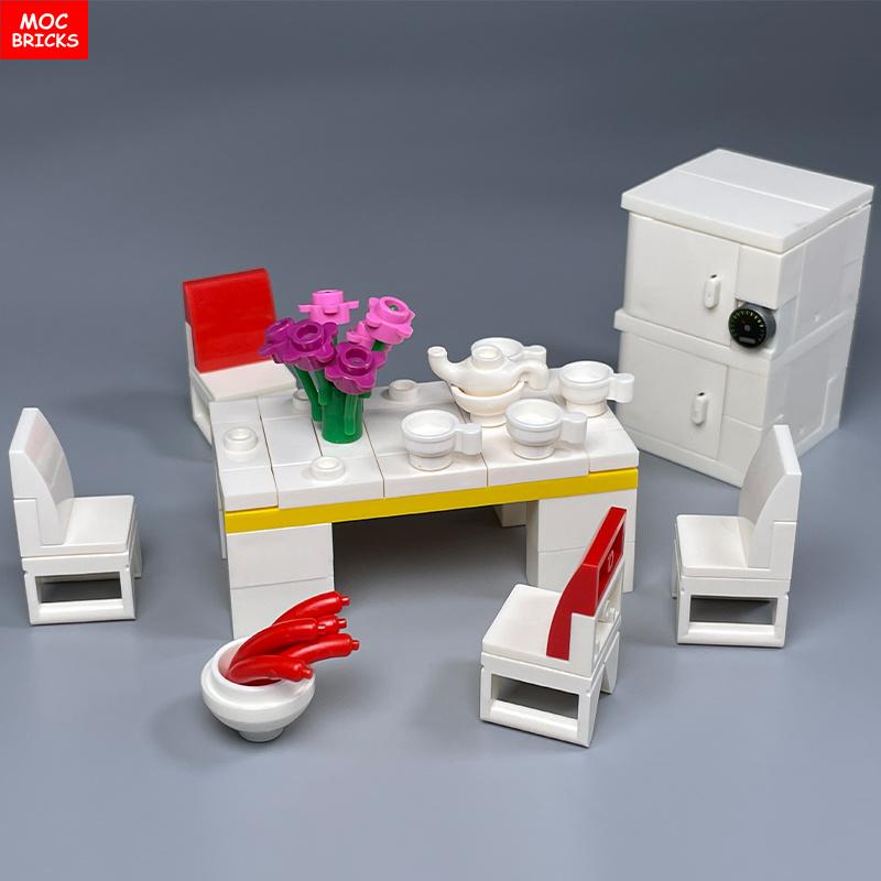 MOC Blocks Kitchen Cabinet Tableware Tool Coffee Maker Machine Water Dispenser Cooking Bench Learning Construction Block Children Toy