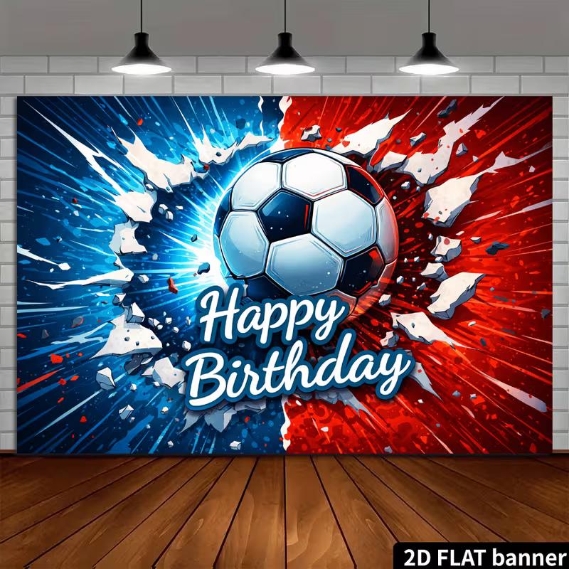 2D Kids Football Birthday Backdrop, Red Blue Burst Soccer Ball Decoration Background