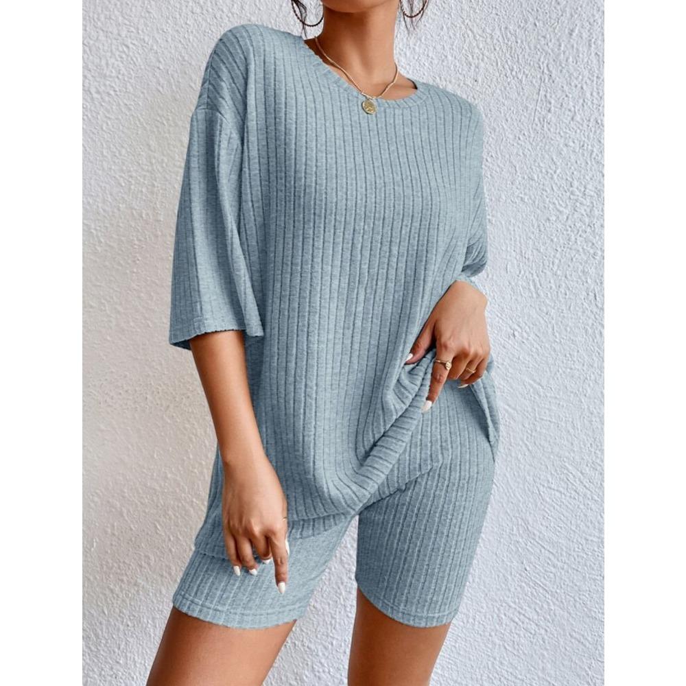 Women's Spring Solid Color Casual Outfit, Crew Neck Loose Top & Shorts Two-Piece Set