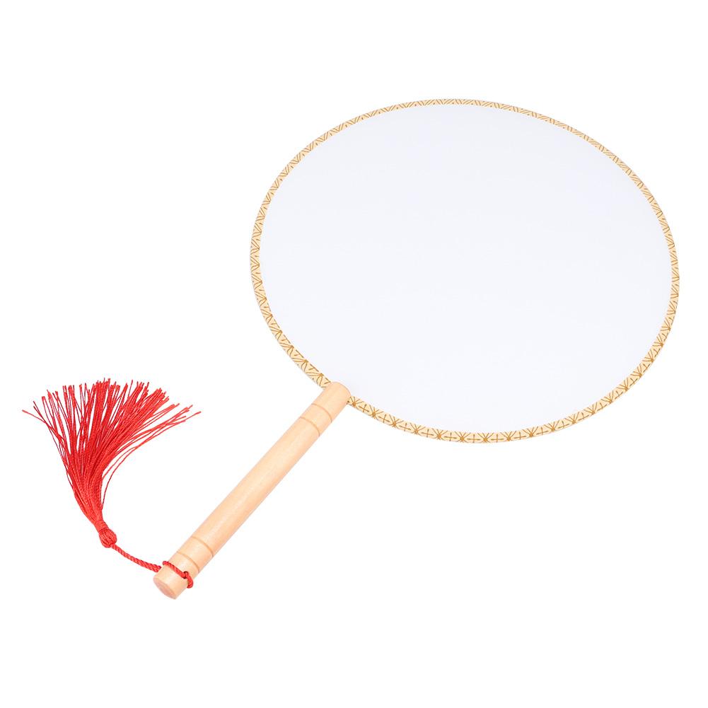 Classical Wooden Handle Round Silk Classical Fan Tassel Handle Fan Gift Decoration(Round Wooden Handle White Silk Cloth