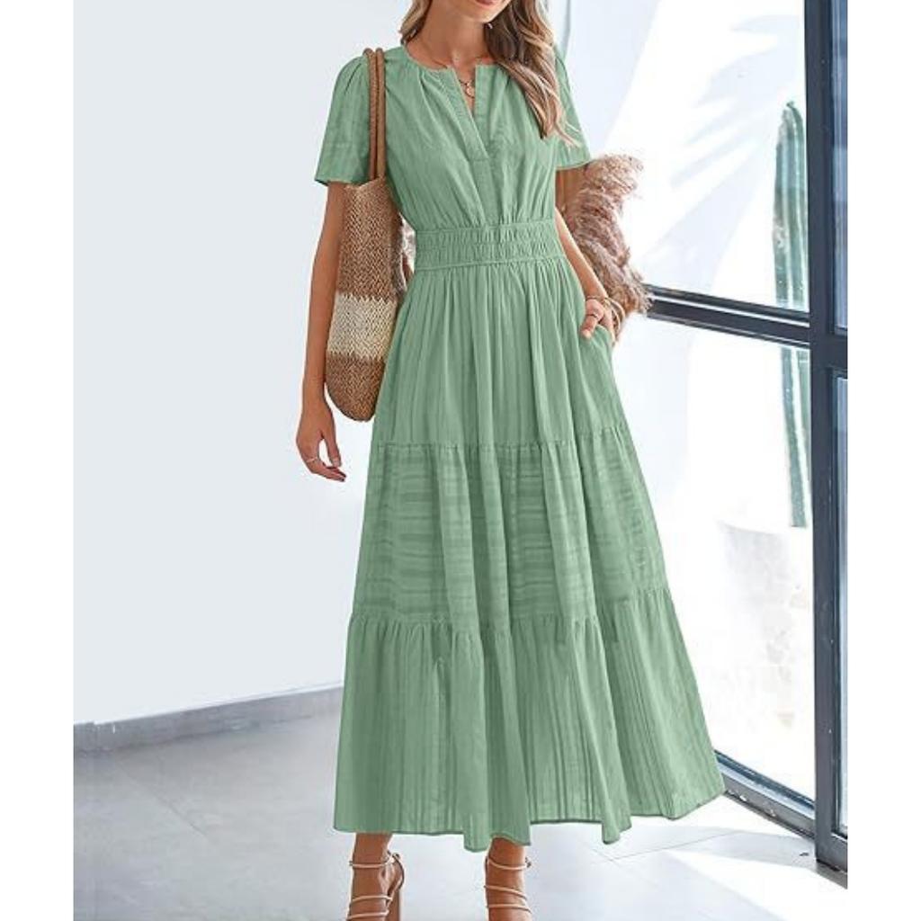 Women V-Neck Maxi Dress with Ruched Puff Sleeves for Casual Summer Wear
