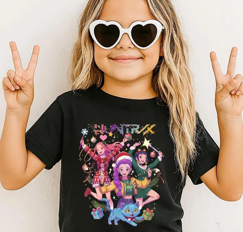 

Huntrix Christmas Cotton T-Shirt Kpop Demon Hunters Tee Saja Boys Merry Xmas Tee Holiday Kindergarten Kids Clothes 100
