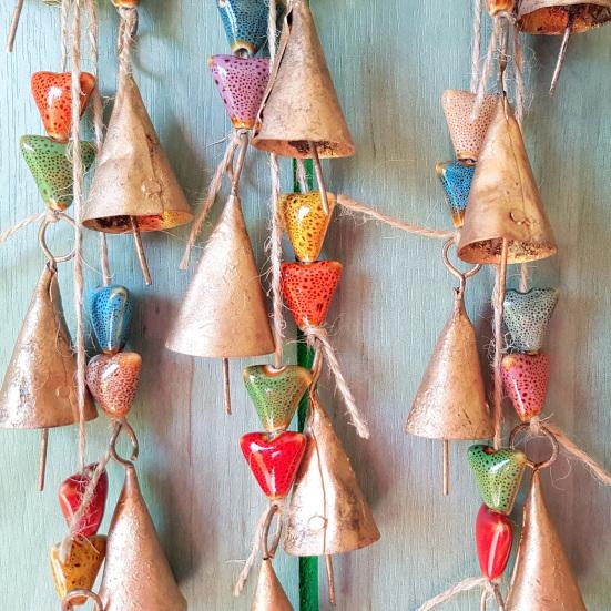 Colored Ceramic Bead Wind Chime Bohemian Farmhouse Rustic Hanging Metal Cow Bell Cluster with Jute Rope Outdoor Garden Patio Wind Bell Decoration