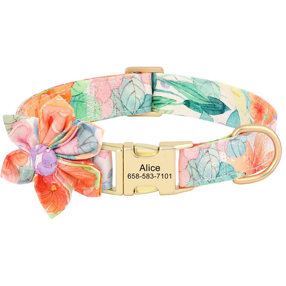 Customized Dog Collar Nylon Print Pet Dog Collars Personalized Pet ID Necklace With Cute Flower For Small Medium Large Dogs Pug