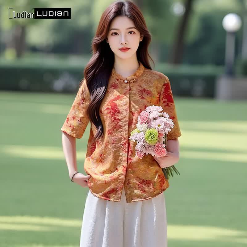 

Elegant V-Neck Floral Print Blouse 185/104A