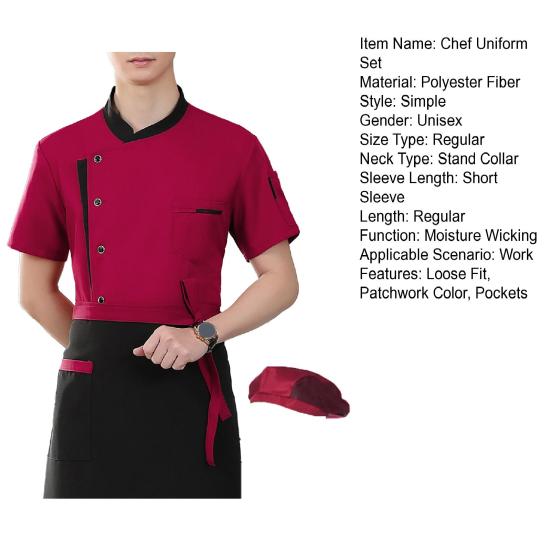 Chef Uniform Apron Hat Set Stand Collar Short Sleeve Chef Apparel with Multi-Pocket Design Patchwork Color Kitchen Staff Clothing