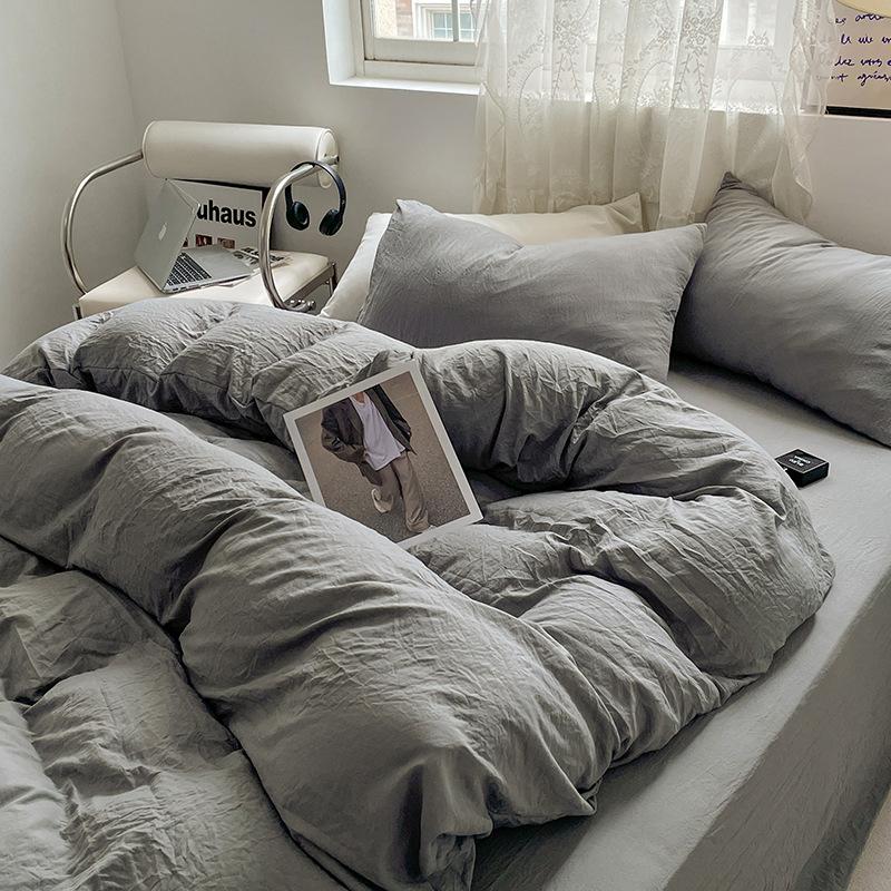 Bed Sheet Quilt Cover Nude Sleeping Pure Cotton Four-piece Set Washed Cotton Soft Bed Sheet Quilt Cover Solid Color Bedding