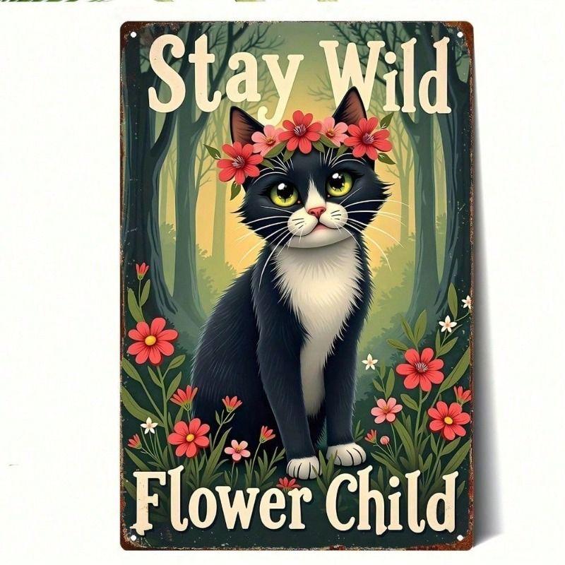 

Metallic Wall Poster Black Cat Flower Garland Forest Home Decor