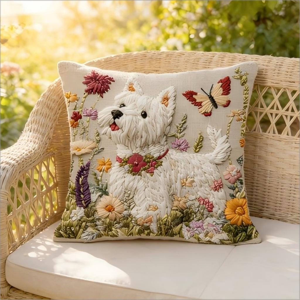 2D Westie Kissenbezug Niedlicher West Highland Terrier Mit Blumen Aufdruck Kissenhülle Für Sofa Couch Heimdekoration
