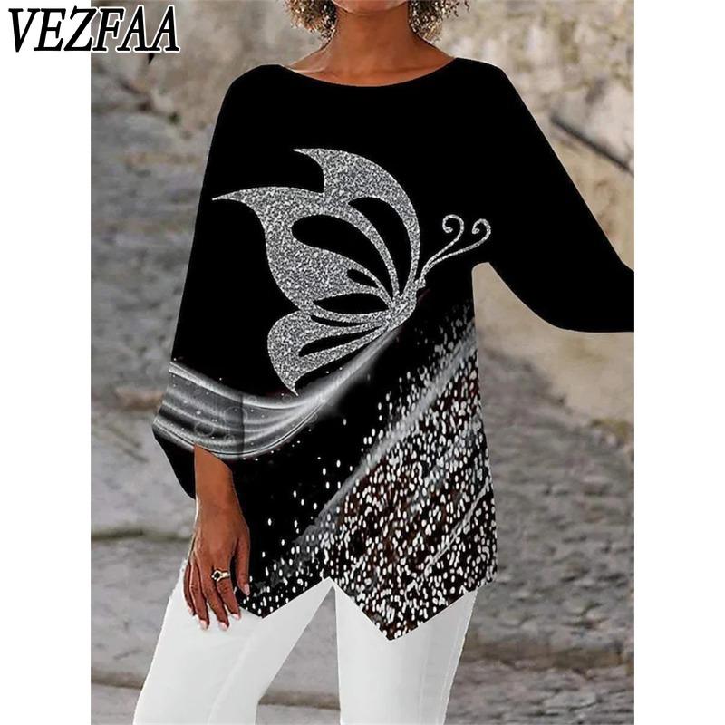 

VEZFAA Женская мода Повседневная весна-осень Цветные блоки Принт Длинные рукава О-образный вырез Блузки и рубашки