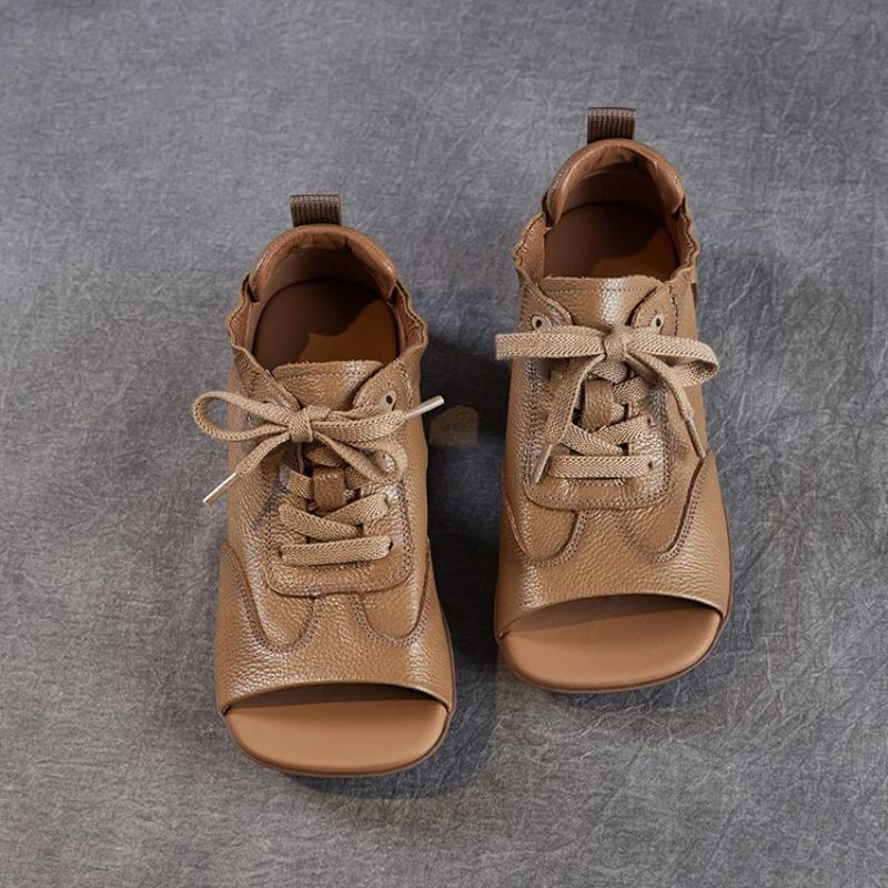 Johnature Sandales peep toe en cuir véritable rétro à semelle plate et à lacets, chaussures pour femmes à semelle souple