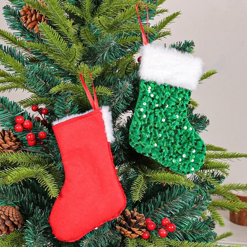 10Pcs Festival Gift Holders Fireplaces Decoration Sparkling Sequins Christmas Stockings with Plush White Rims Decors