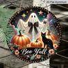 2D Flat, 1pc Round Aluminum Halloween Wall Decoration - Featuring Pumpkin, Black Cat, and Floral Designs with "Boo Y'all" Text, Spooky Autumn Art