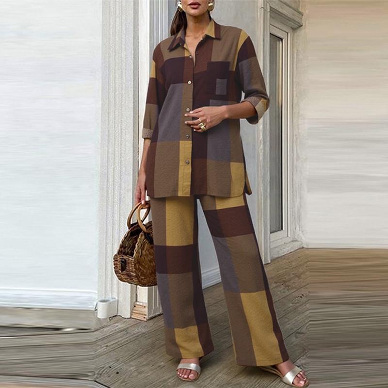 

ZANZEA Женский повседневный комплект из блузки с длинным рукавом и брюк с широкими штанинами с принтом в клетку, состоящий из двух частей 4XL