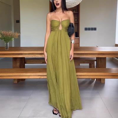 Nové letní sexy šaty maxi s ramínky a designem do tvaru U na dovolenou