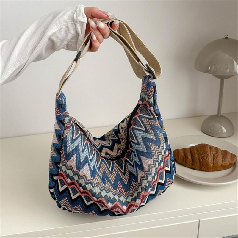 Wave Pattern Design Crossbody Bag for Women Canvas Shoulder Bag, Versatile College Students Dumplings Bag