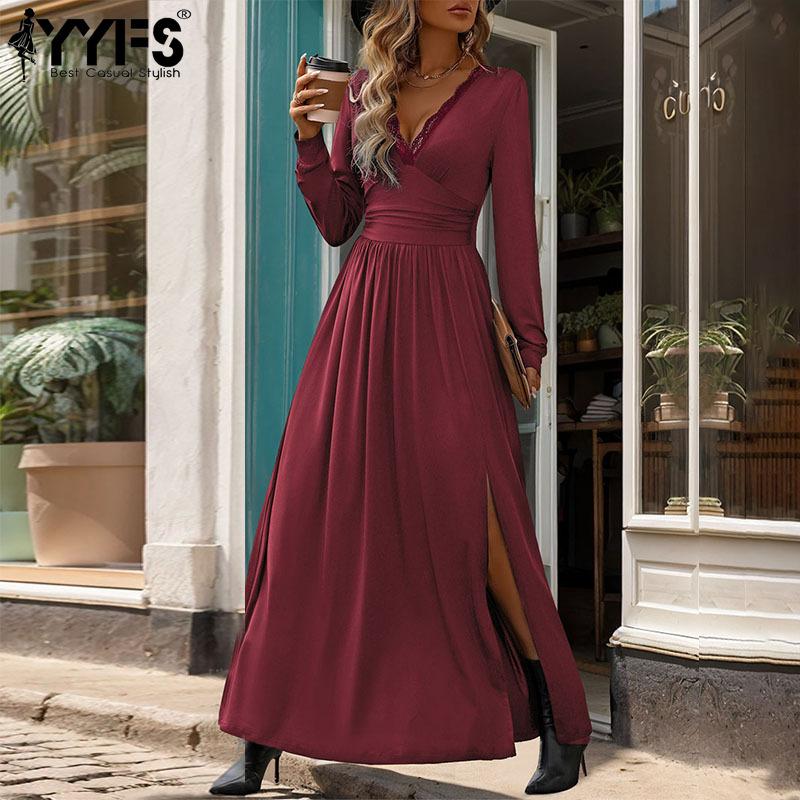 YYFS Moda dama toamna iarna imprimeu culoare uni maneca lunga cu decolteu in V talie inalta rochii casual