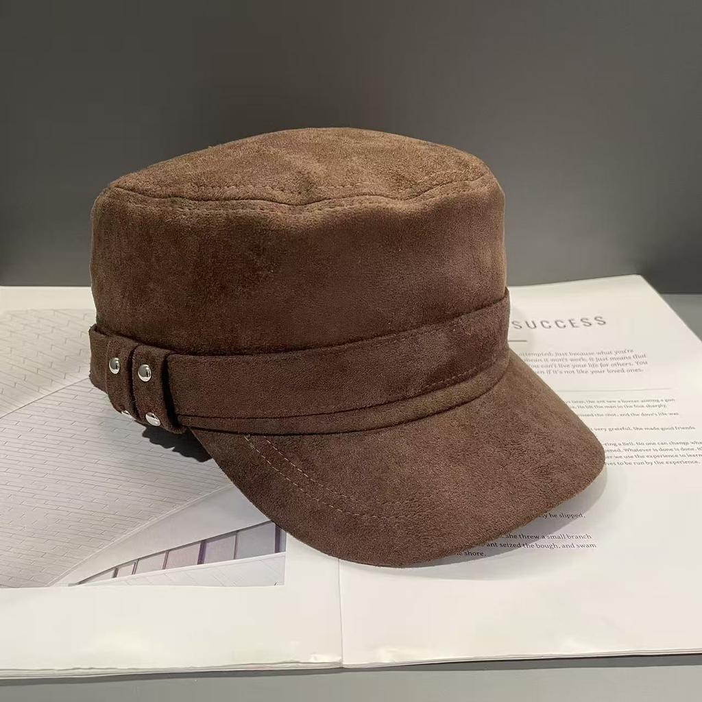 Korean Suede Black Equestrian Hat for Women In Autumn and Winter Retro Old Flat Hat Big Head Circumference Painter Newsboy Hat