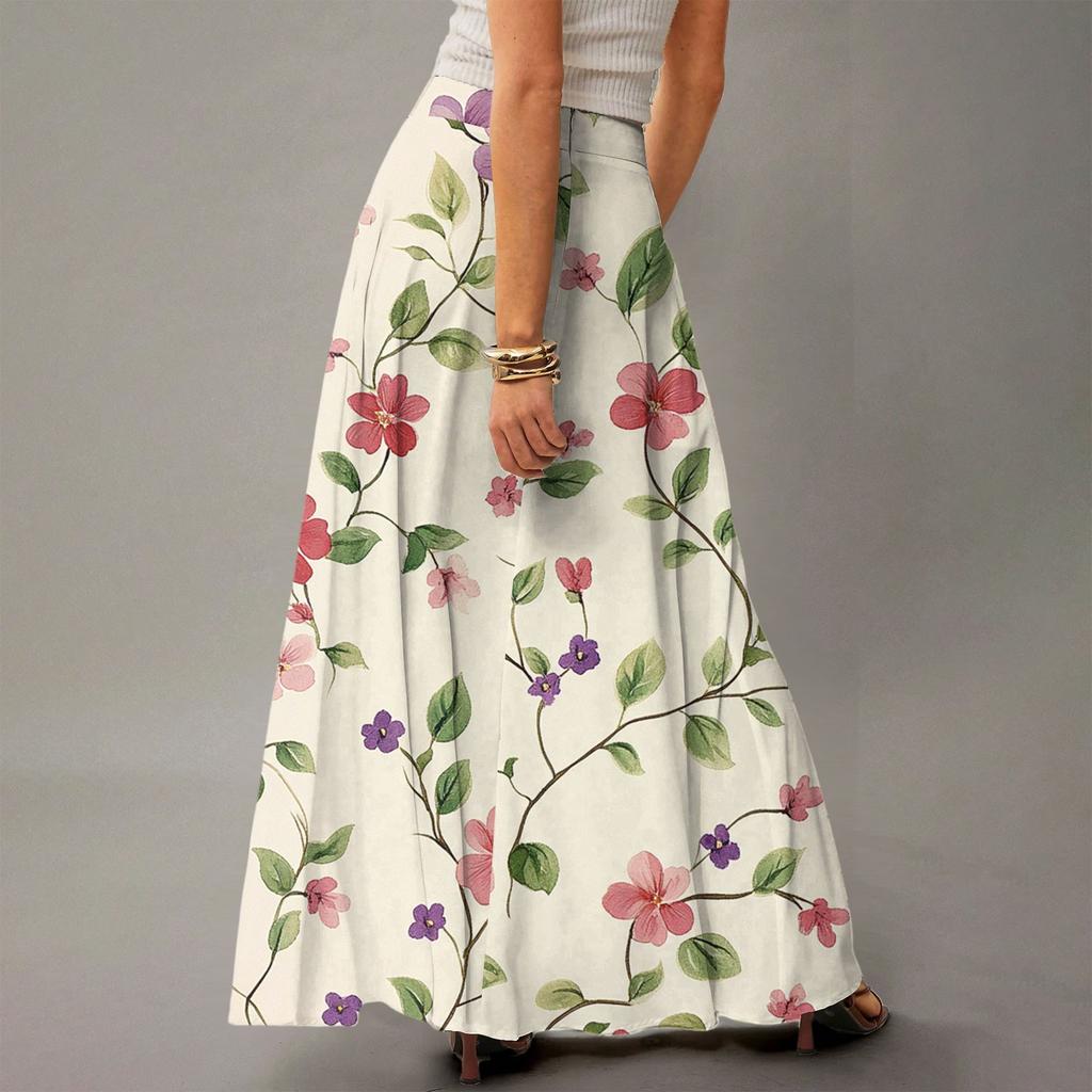 Damen Lässig Freizeit Faltbar Blumenmuster Hohe Taille Mit Tasche Drapierter Entspannter Langer Maxi-Rock